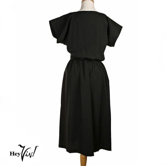 Vintage 70s Murray Meisner Black Dress w White Front Elastic Waist Sz L -Hey Viv - Picture 3 of 7